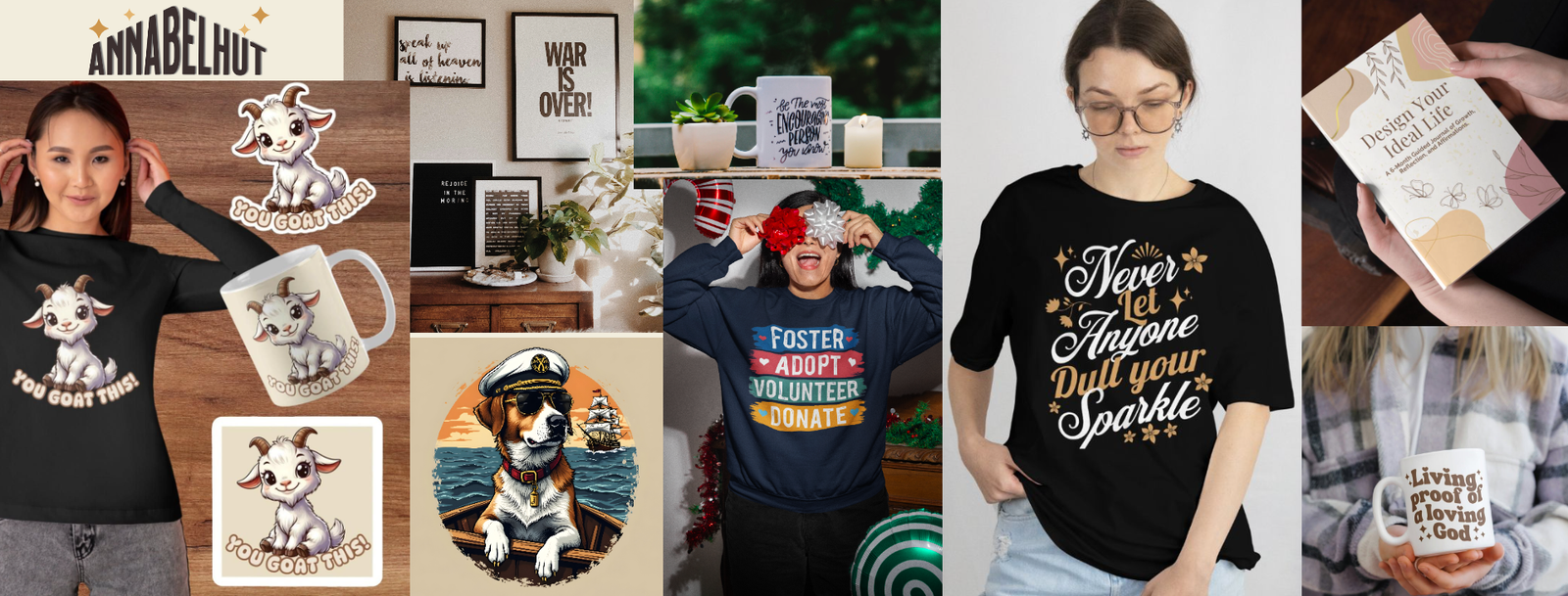 Collage banner of AnnabelHut products including t-shirts, mugs, and Christian printables with faith-based and animal pun designs.
