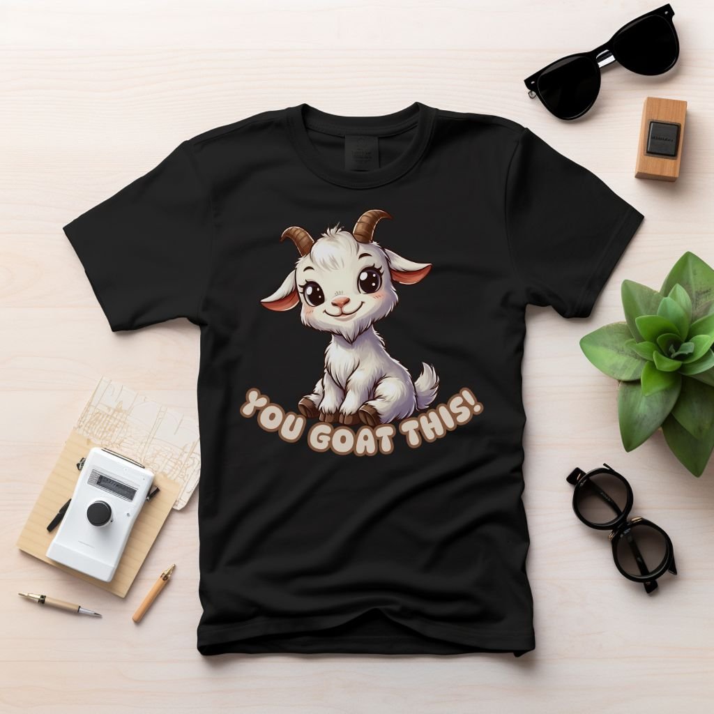 Flatlay of a black t-shirt featuring a smiling cartoon baby goat with the text “You Goat This!” in playful lettering.